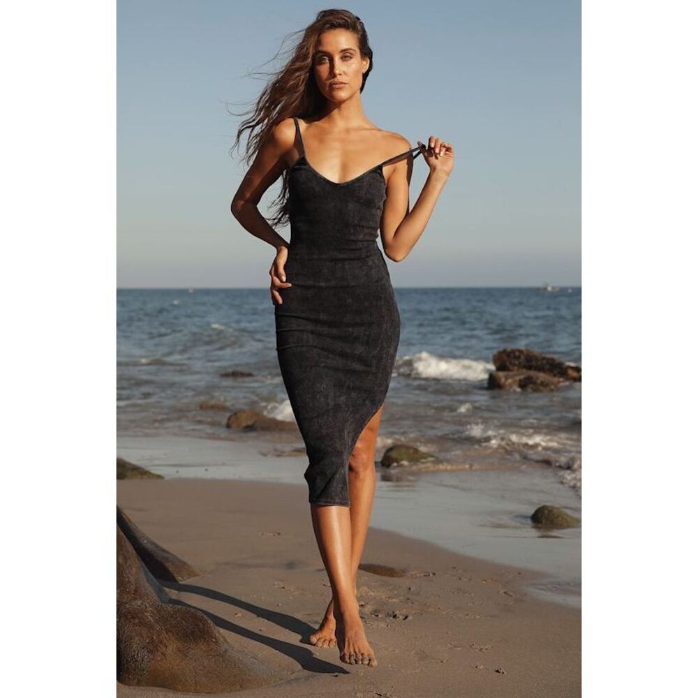 Lulus Basic Bae Washed Black Ribbed Bodycon Midi Dress - Size L